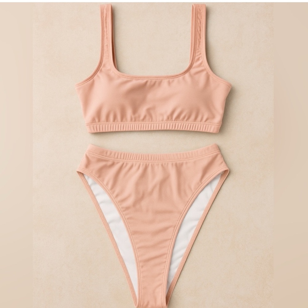 Peach Pink Bikini Set Medium High Waisted Swimsuit Two Piece Minimalist Sporty